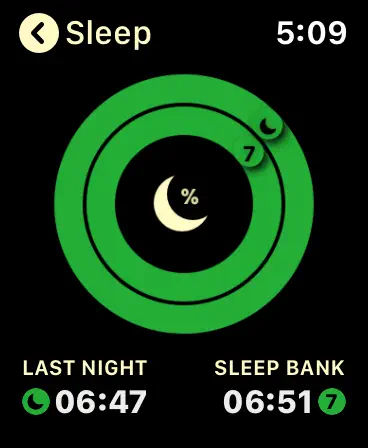 AutoSleep on Apple Watch showing sleep rings, last night sleep duration and the sleep bank