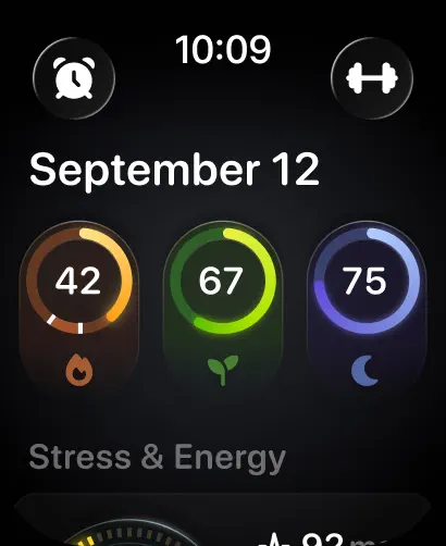 Bevel on Apple Watch showing its daily overview with strain, recovery and sleep rings