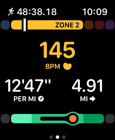 Gentler Streak workout screen on Apple Watch showing heart rate zone 2, pace and distance