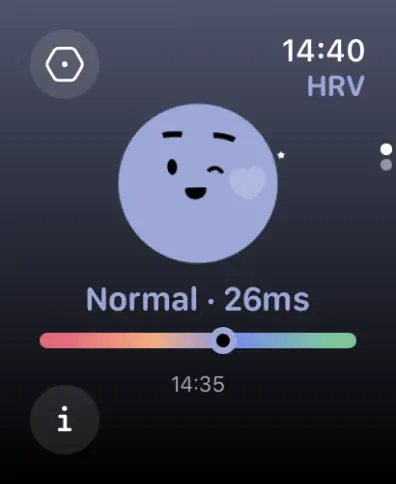 StressWatch on Apple Watch showing Normal status, an HRV reading of 26 ms and the measurement time