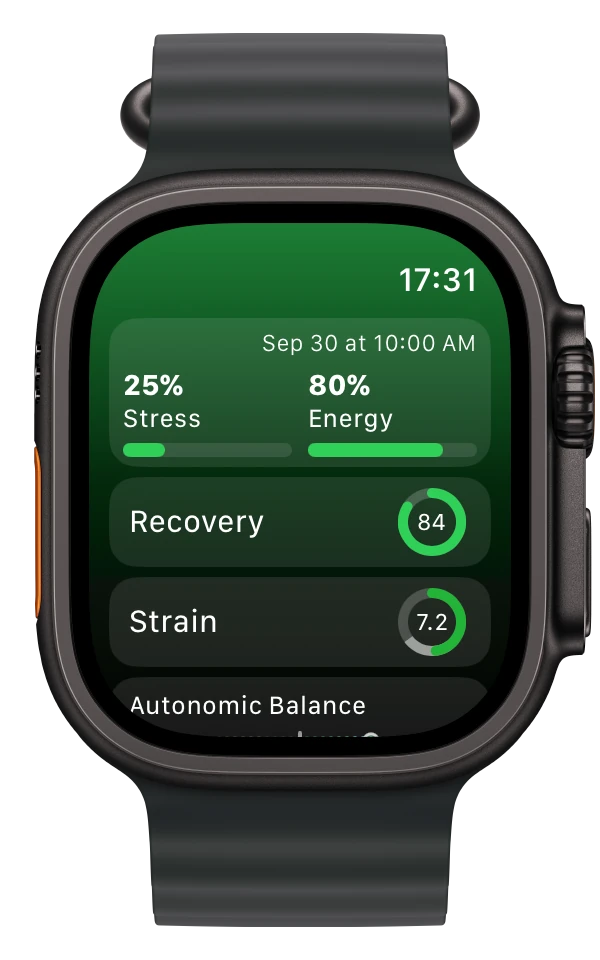 Wellhero Apple Watch app showing stress, energy and recovery with demonstration data