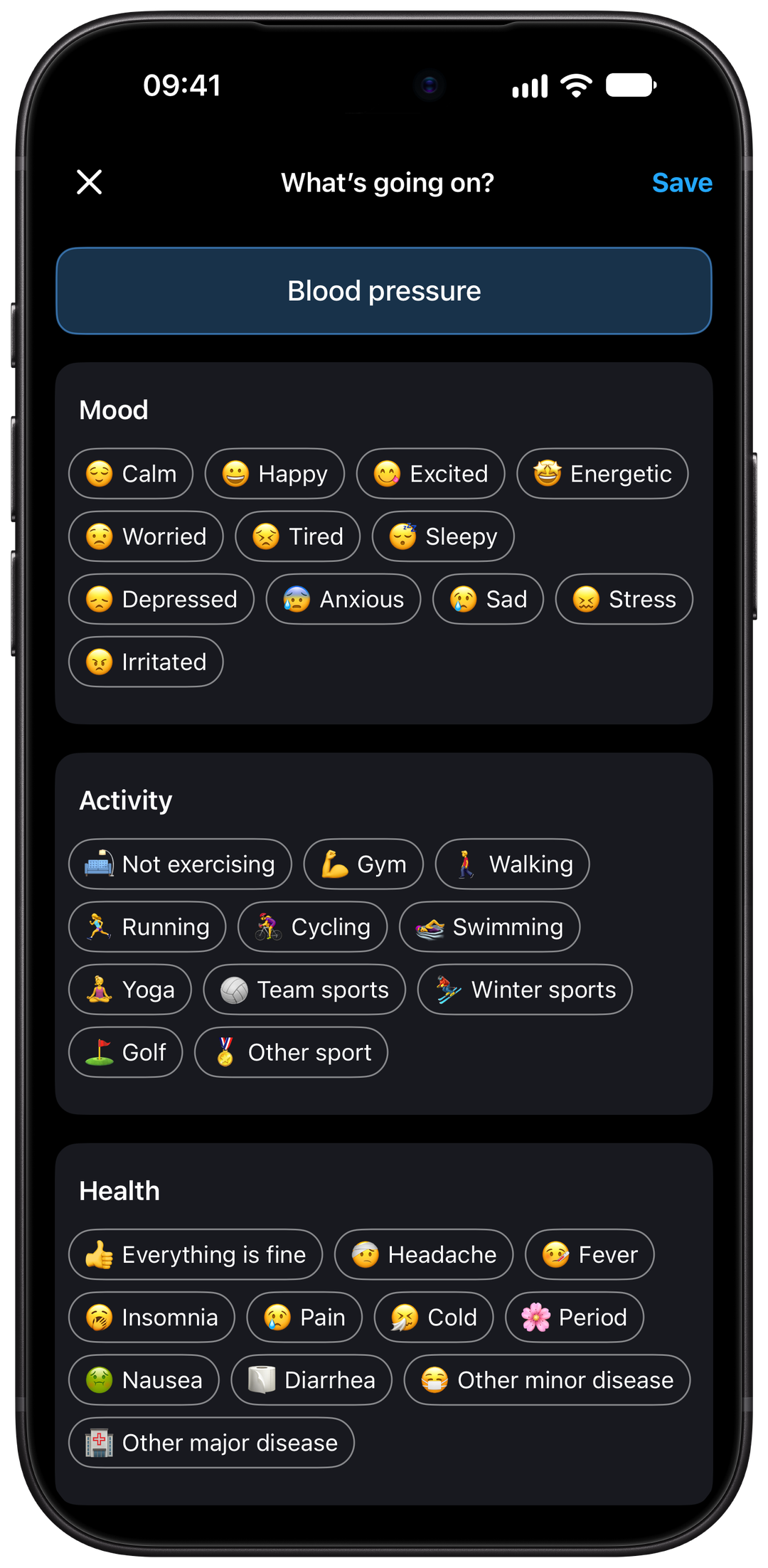 Record daily events, mood, activities and health symptoms