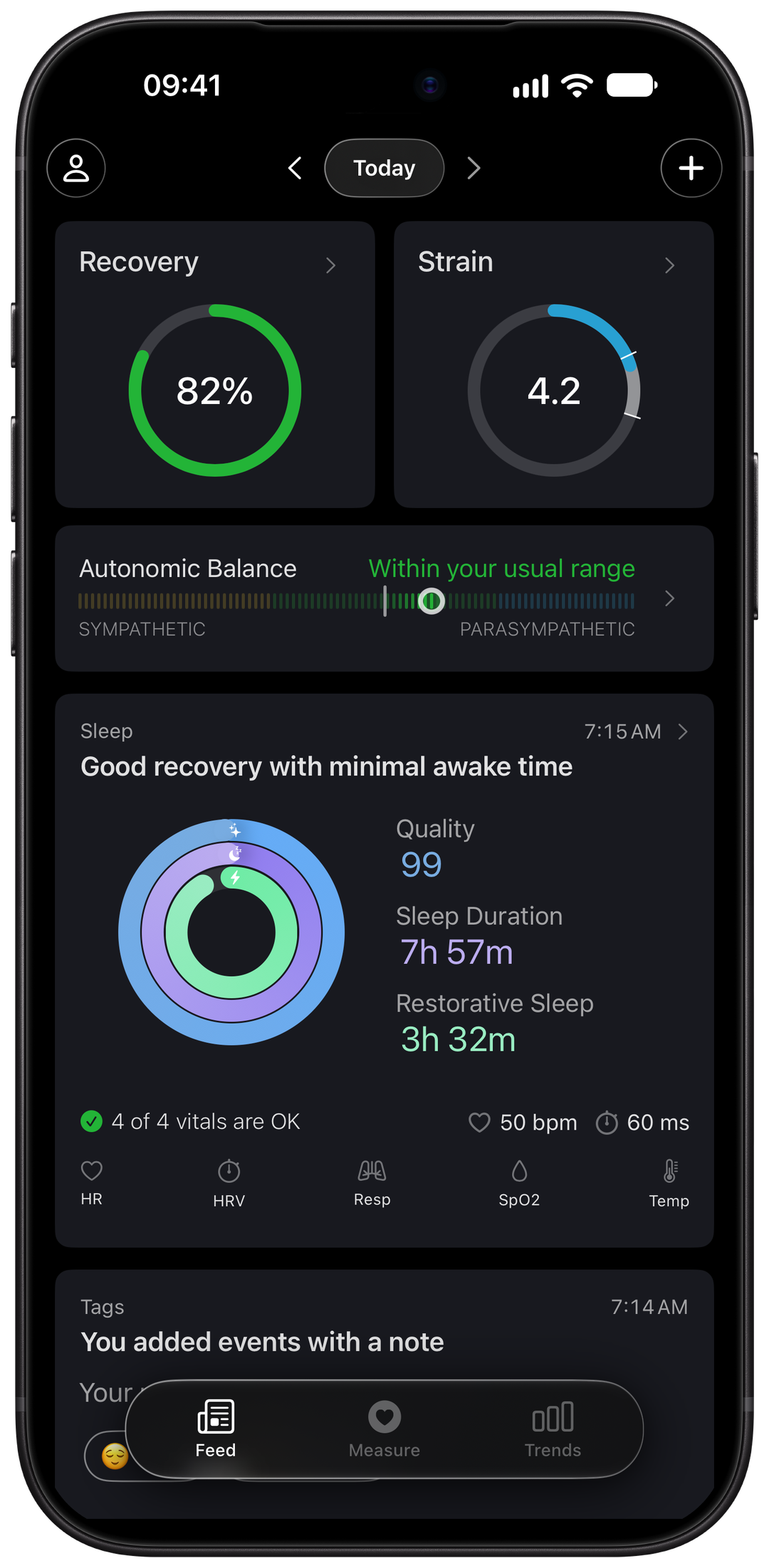 Wellhero’s current feed with Recovery, daily Strain and a sleep summary