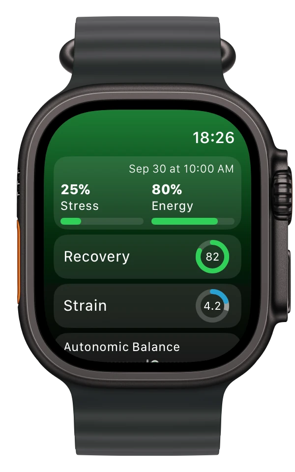 Wellhero on Apple Watch showing Stress, Energy, Recovery and Strain