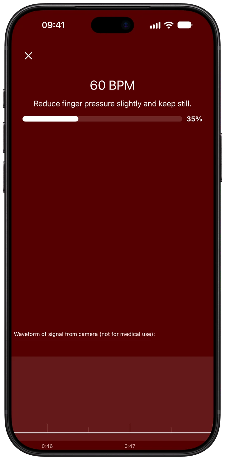 Wellhero camera measurement with a flat demonstration signal and the instruction to reduce finger pressure slightly and keep still