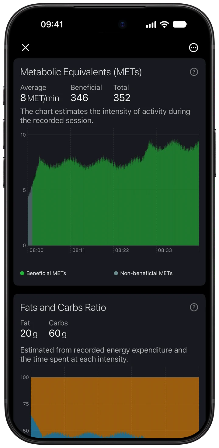 Wellhero METs chart with average intensity, beneficial and total summaries for the demonstration workout