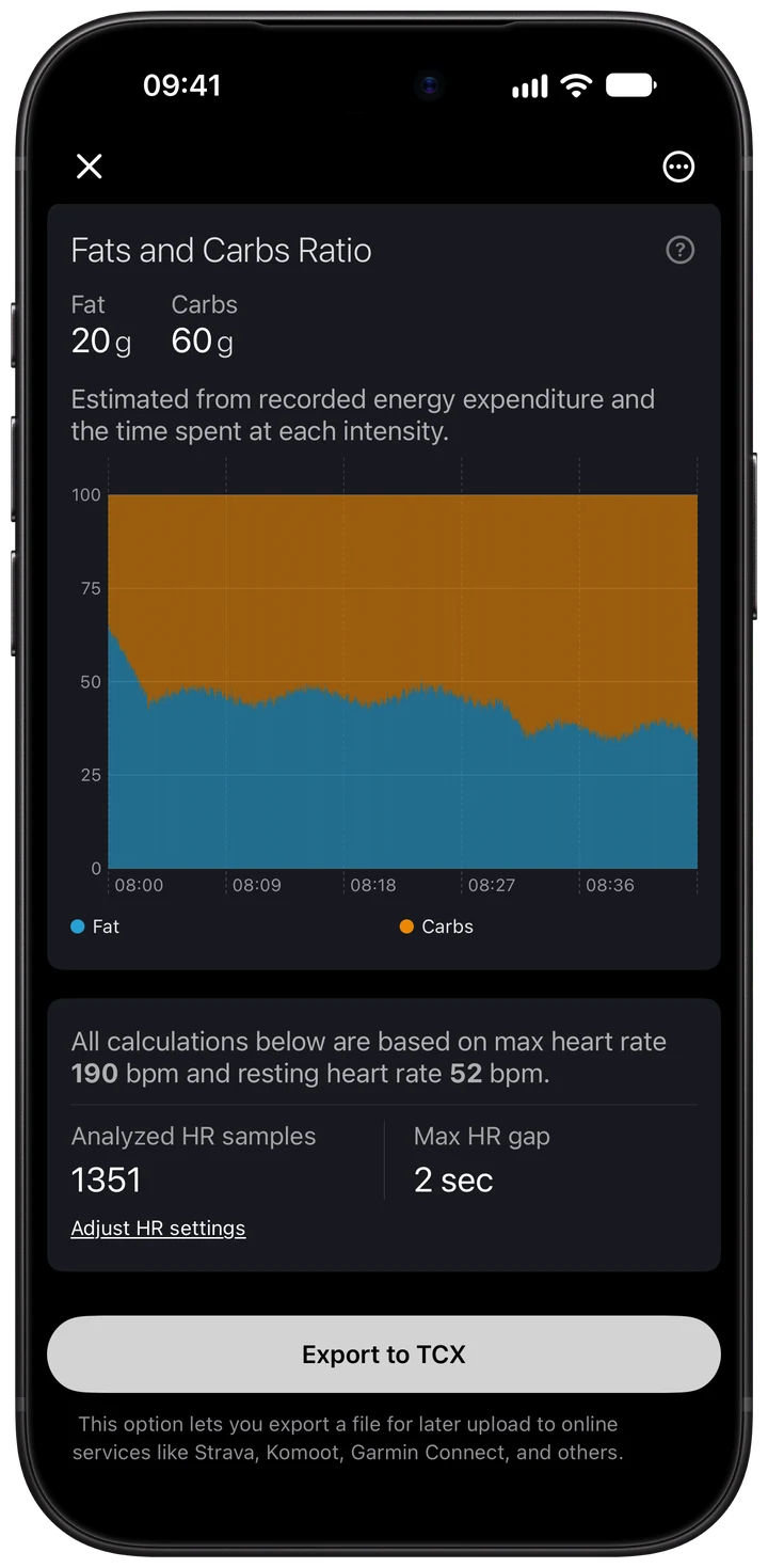 Wellhero workout recording diagnostics with analyzed heart rate samples, maximum sample gap, heart rate settings and TCX export